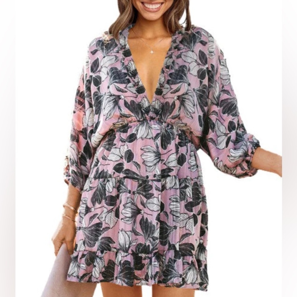 NWOT Pink, Black, and White Mini Dress Size L - Ruffles + DeepV=Sexy!!!